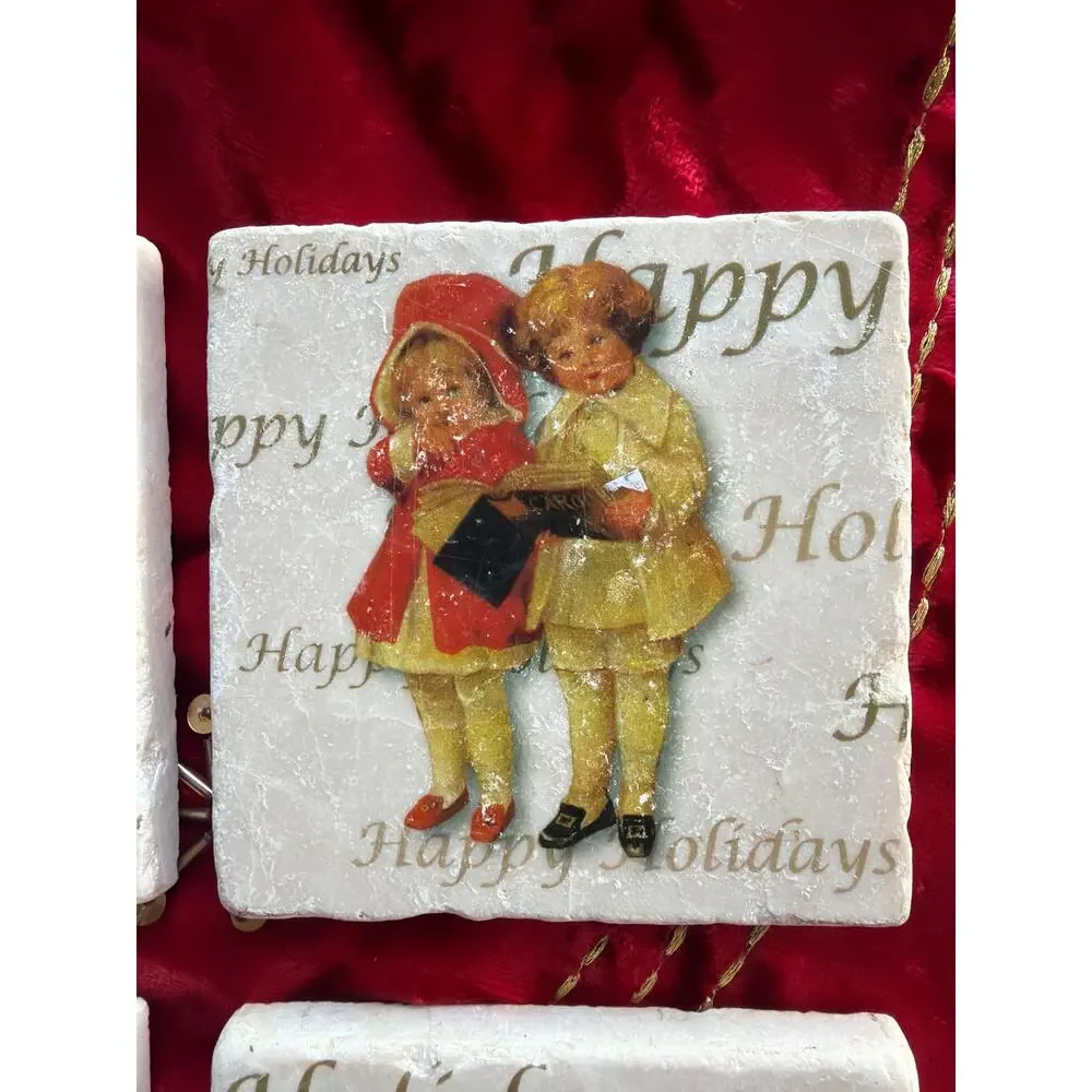 Studio Vertu Handmade Victorian Vintage Christmas 4” Coaster Set Made USA Gift